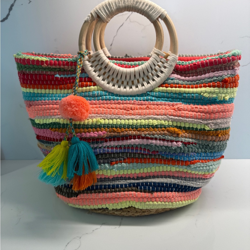 Colorful Woven Tote Bag with Circular Handles